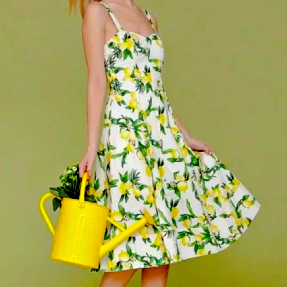 New Avec Les Filles Lemon Print Pockets Cotton-Blend Sweetheart Midi Dress - Picture 3 of 11